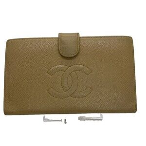 Chanel Beige Caviar Leather CC Logo Long Wallet Bifold Designer Wallet /29